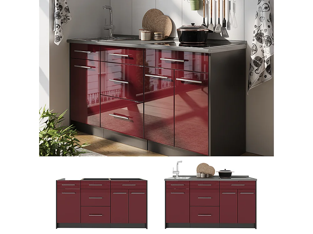 Bloque de cocina rojo burdeos alto brillo 150x60x82 fame-line