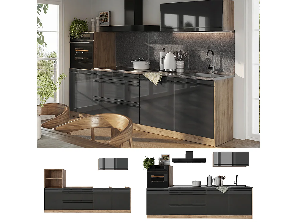 Cuisine anthracite haute brillance/chêne doré 280x60x143 r-line