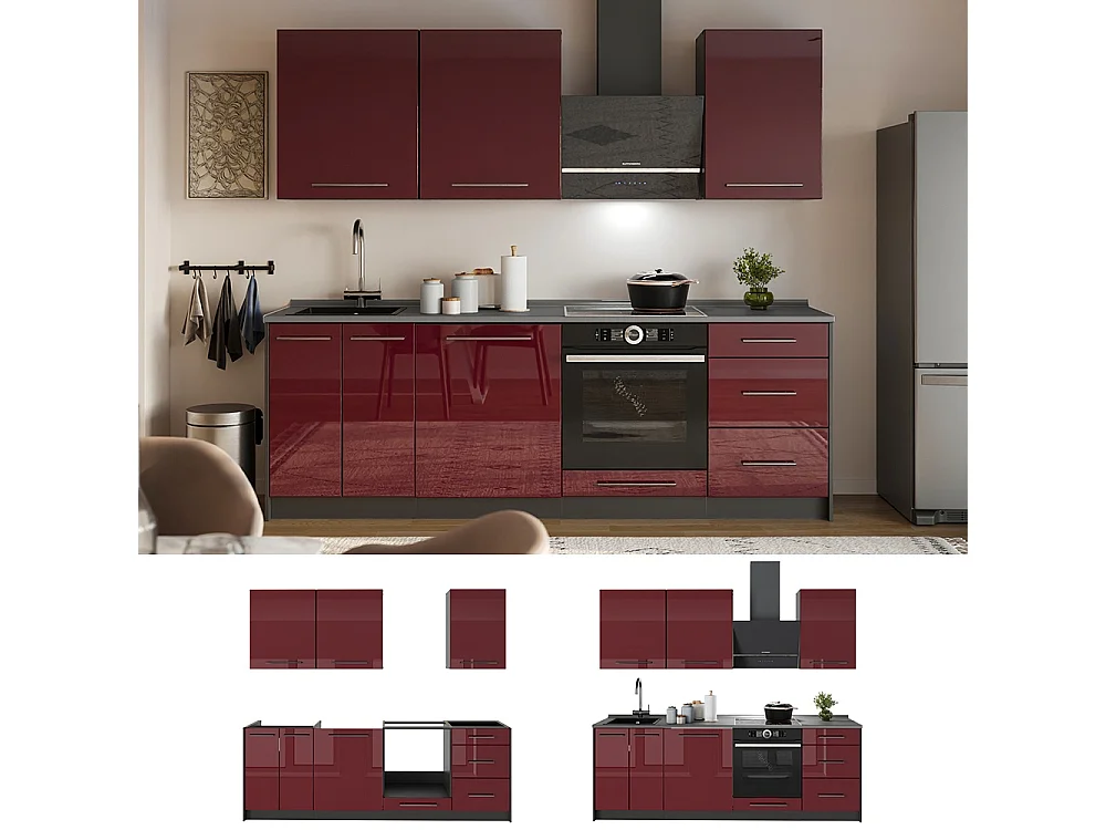 Mueble de cocina rojo burdeos alto brillo/antracita 230x51.6x82 fame-line