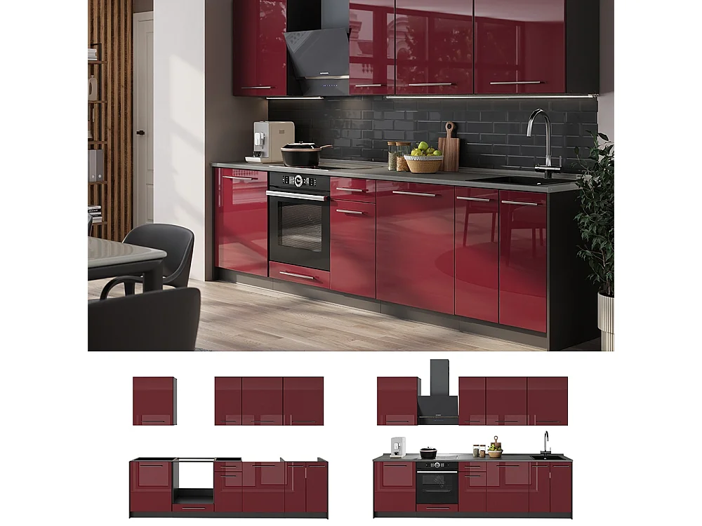 Mueble de cocina rojo burdeos alto brillo/antracita 280x60x82 fame-line