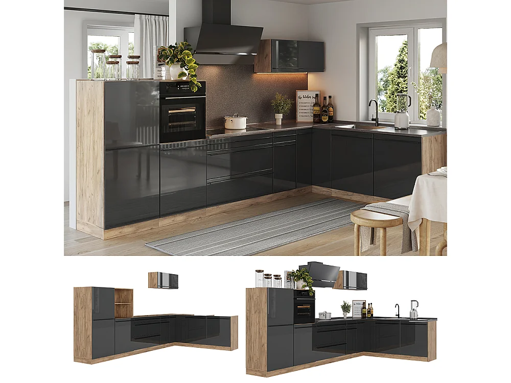 Cuisine en angle anthracite haute brillance/chêne doré 347x60x143 r-line