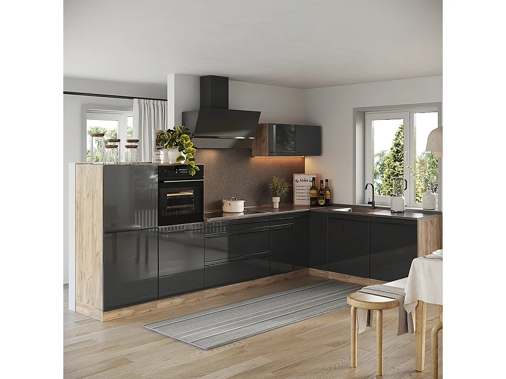 Cuisine en angle anthracite haute brillance/chêne doré 347x60x143 r-line