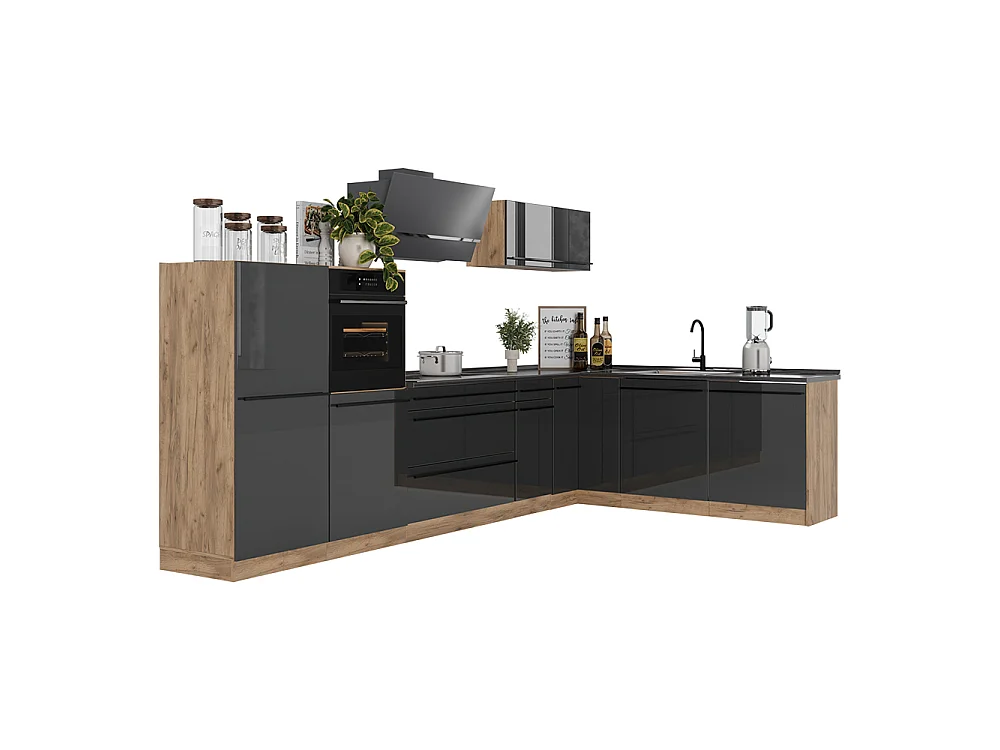 Cuisine en angle anthracite haute brillance/chêne doré 347x60x143 r-line