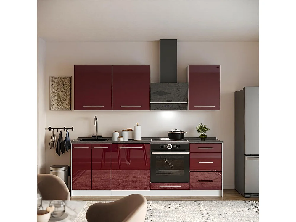 Mueble de cocina rojo burdeos alto brillo/blanco 230x60x82 fame-line