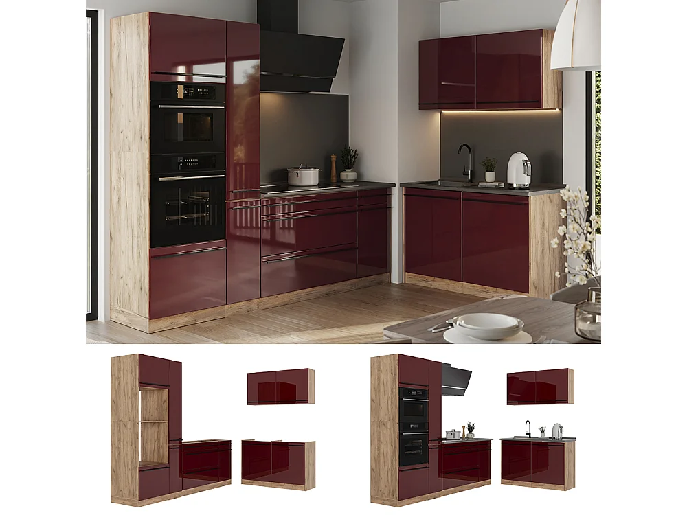 Cocina esquinera rojo de alto brillo/roble dorado 230x60x206.8 r-line