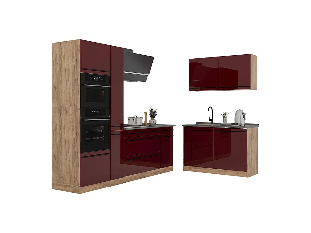 Cocina esquinera rojo de alto brillo/roble dorado 230x60x206.8 r-line