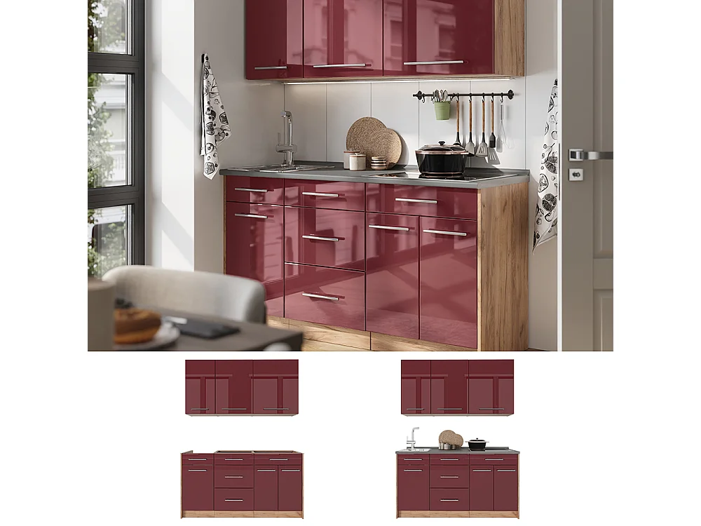 Cocina para solteros rojo burdeos alto brillo/roble dorado 150x60x82 fame-line