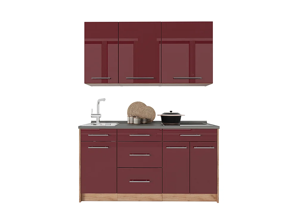 Cocina para solteros rojo burdeos alto brillo/roble dorado 150x60x82 fame-line