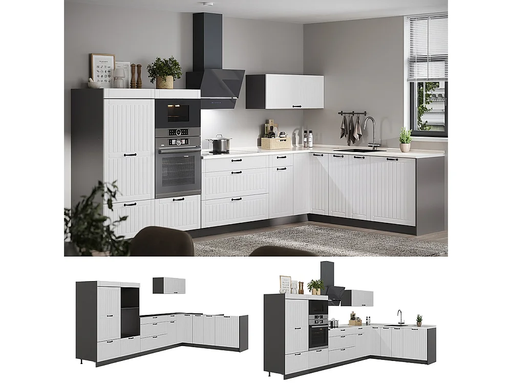 Hörnkök vitt hus på landet/antracit 347x60x153.6 fame-line