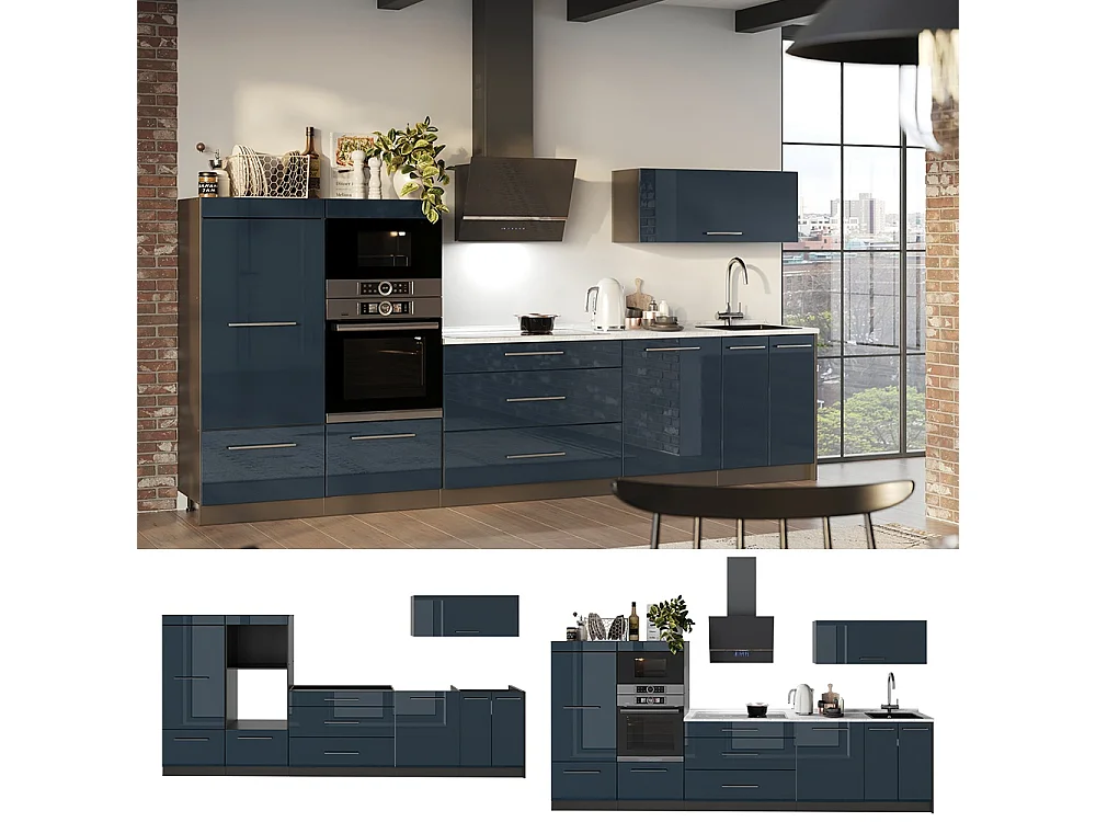 Kök mörkblå högblank/antracit 340x60x153.6 fame-line
