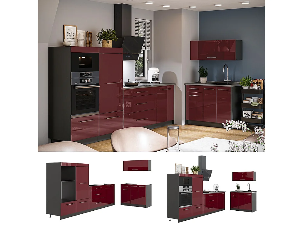 Cocina rojo burdeos alto brillo/antracita 380x51.6x153.6 fame-line
