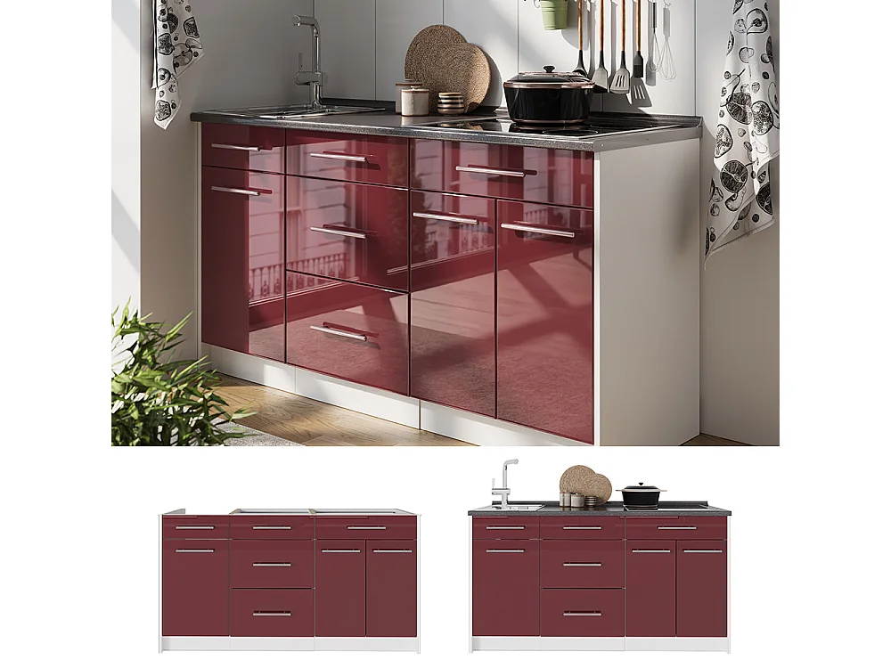 Bloque de cocina rojo burdeos alto brillo/blanco 150x60x81.2 fame-line