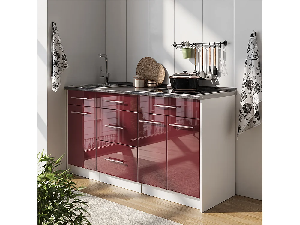 Bloque de cocina rojo burdeos alto brillo/blanco 150x60x81.2 fame-line