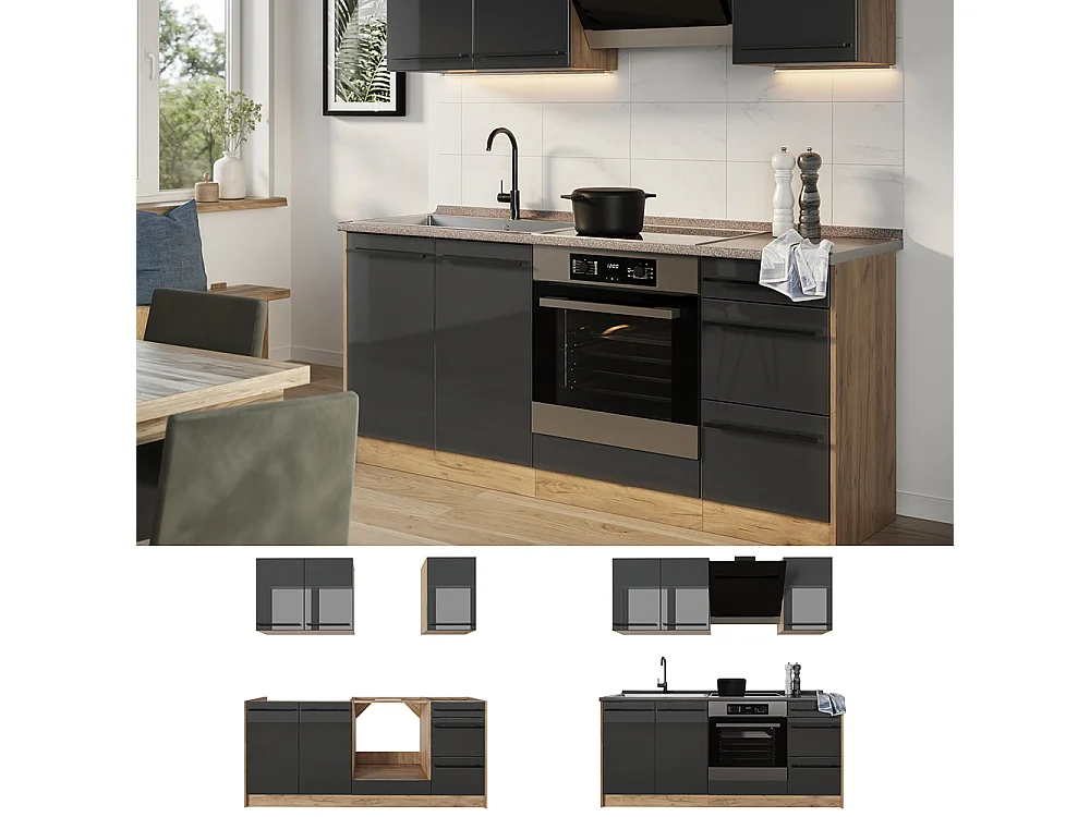 Cuisine anthracite haute brillance/chêne doré 180x60x206.8 r-line