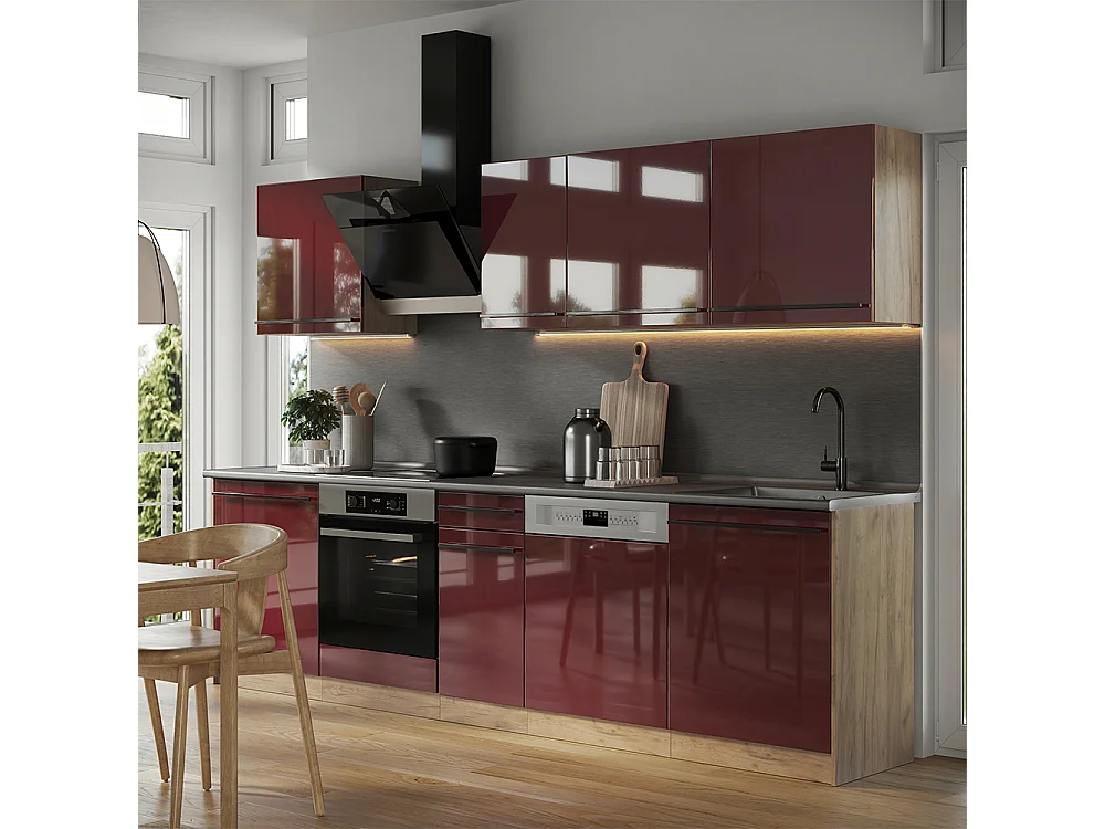 Mueble de cocina rojo de alto brillo/roble dorado 280x60x206.8 r-line