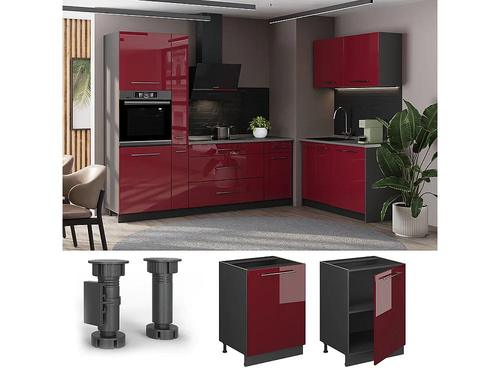 Meuble bas de cuisine rouge bordeaux haute brillance/anthracite 60x60x82 fame-line