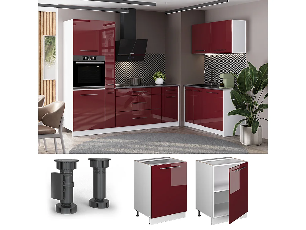 Meuble bas de cuisine rouge bordeaux haute brillance/blanc 60x60x82 fame-line