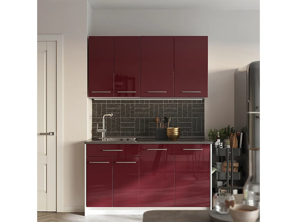 Meuble bas pour évier/plaque rouge bordeaux haute brillance/blanc 60x60x82 fame-line