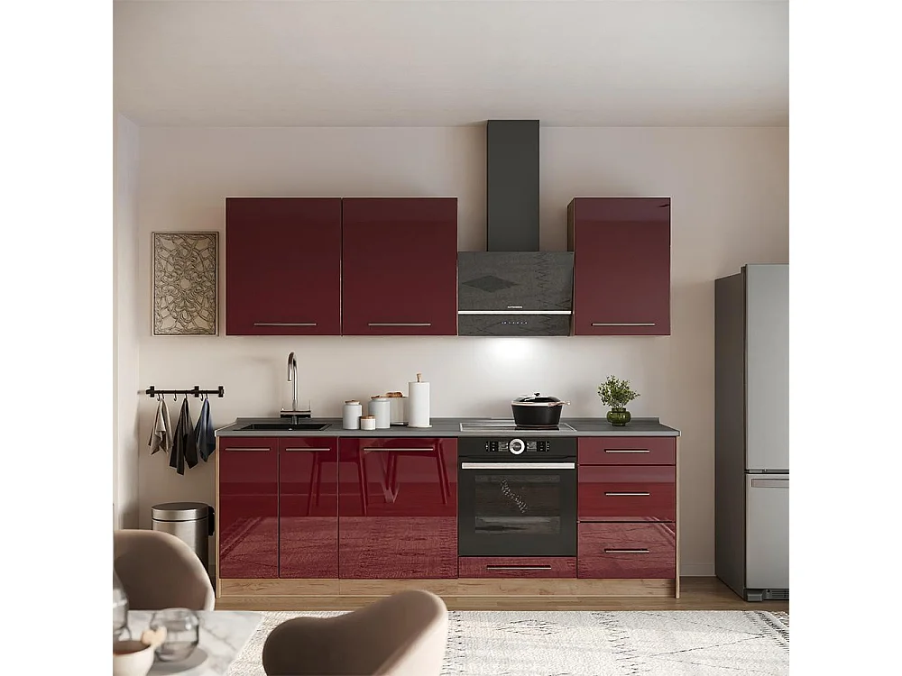 Meuble bas de cuisine rouge bordeaux haute brillance/chêne de force doré 60x60x82 fame-line