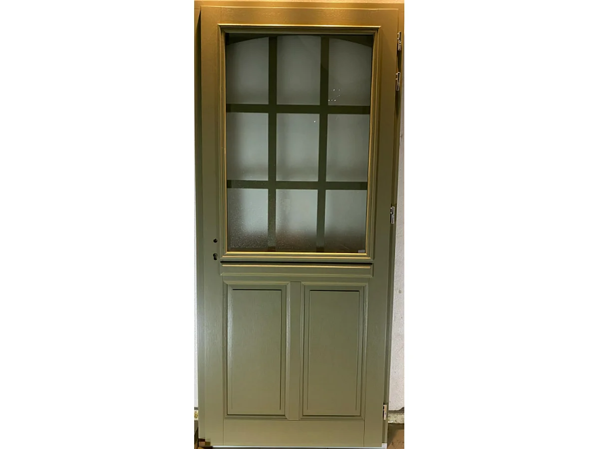 Puerta de entrada de madera con vidrio Andore verde gris oliva, H.215xL.80 cm, lado de la tabla P, izquierda, manilla, cilindro, GD MENUISERIES sin manilla