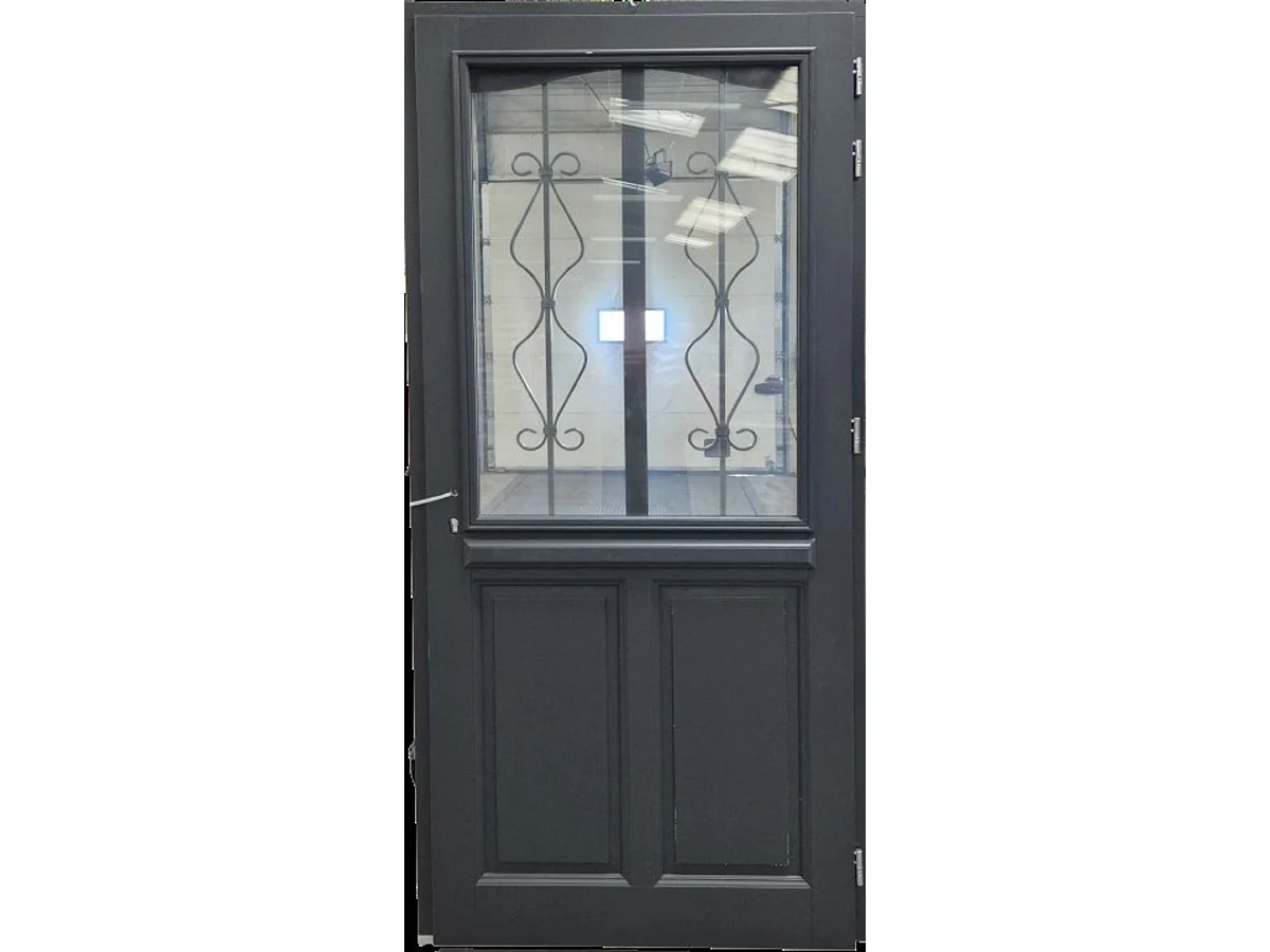 Puerta de entrada de madera con vidrio Sandro gris antracita, H.215xL.90 cm, lado de la tabla, izquierda, pomo, bombín, GD MENUISERIES sin manilla