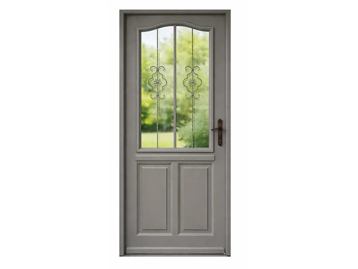 Puerta de entrada de madera con cristal Santiago Gris Quartz, H.200 x L.90 cm, lado de la tabla, izquierda, pomo, cilindro, GD MENUISERIES sin manilla