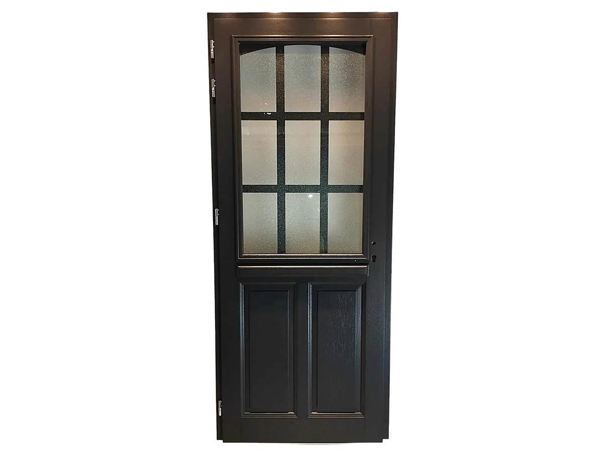 Puerta de entrada de madera con cristal Alicia gris antracita, H.215 x L.80 cm, lado de la tabla, derecha, pomo, cilindro, GD MENUISERIES sin manilla