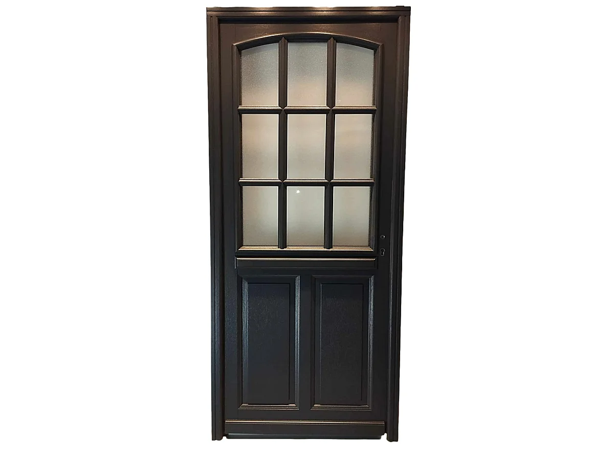 Puerta de entrada de madera con cristal Alicia gris antracita, H.215 x L.80 cm, lado del tablero izquierdo, pomo, bombín, GD MENUISERIES sin manilla