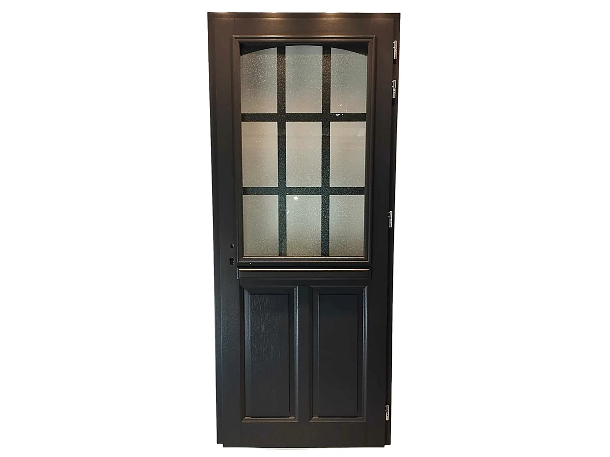 Puerta de entrada de madera con cristal Alicia gris antracita, H.215 x L.80 cm, lado del tablero izquierdo, pomo, bombín, GD MENUISERIES sin manilla