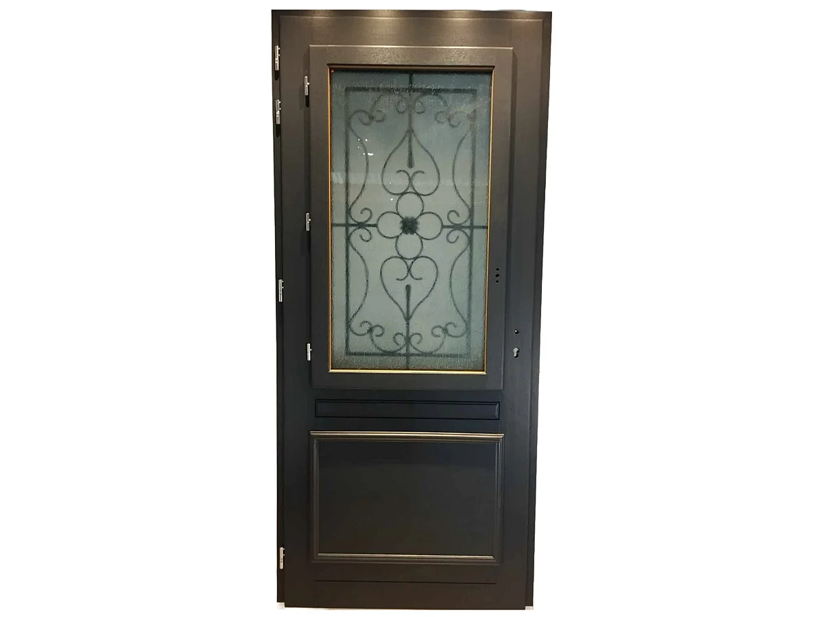 Puerta de entrada de madera con cristalera Candice Gris Anthracita, H.215xL.90 cm, con tablero lateral derecho, pomo, bombín, botÃ³n y GD MENUISERIES sin manilla