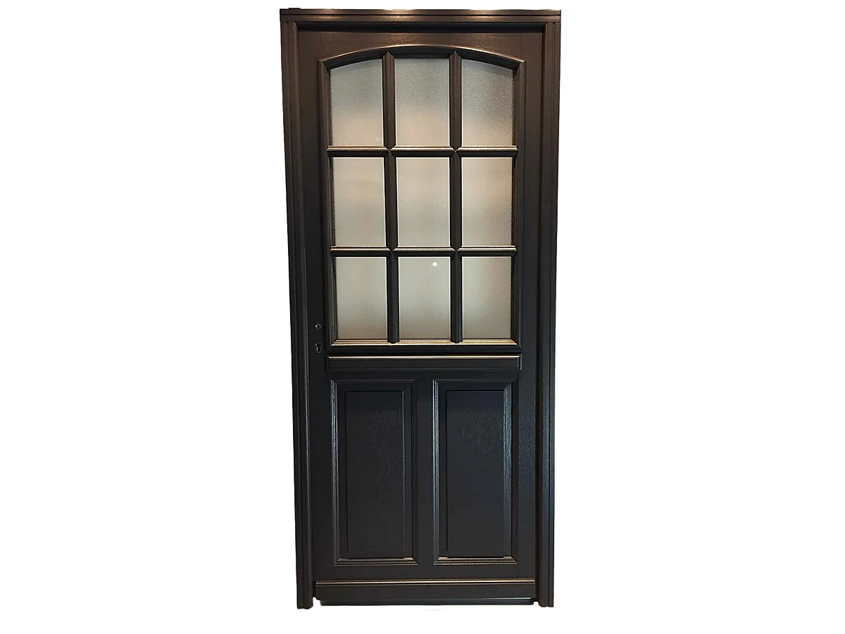 Puerta de entrada de madera con cristal Alicia gris antracita, H.215 x L.80 cm, con tablero lateral, puerta derecha, pomo, bombillo, GD MENUISERIES sin manilla