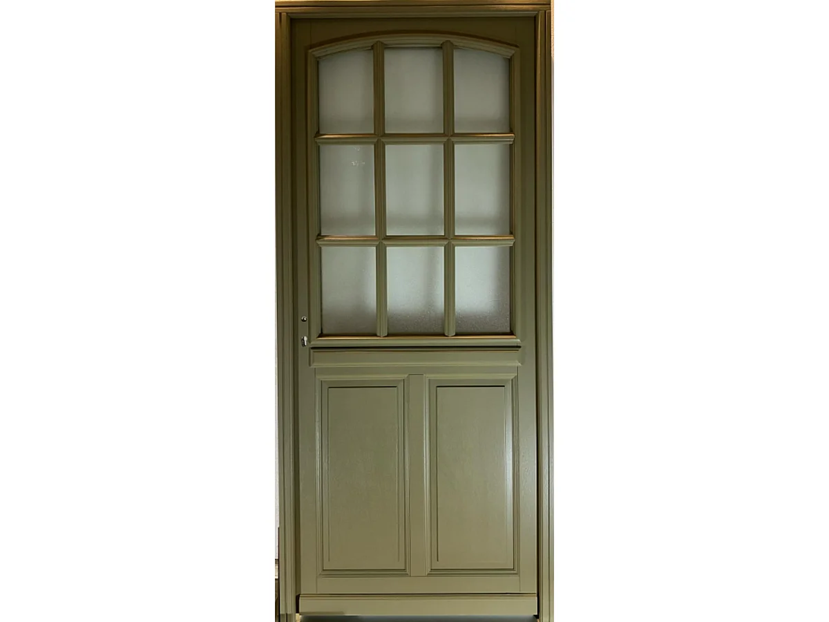 Puerta de entrada de madera con cristalera Andore verde gris oliva, H.215xL.80 cm, lado de la tabla derecha, pomo, cilindro, GD MENUISERIES sin manilla