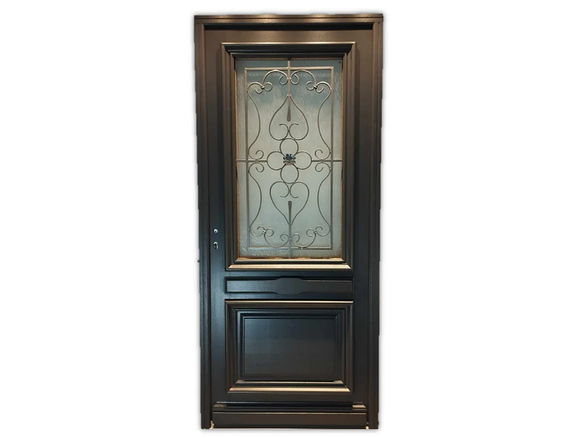 Puerta de entrada de madera con vidrio Candice Gris Anthracite, H.215xL.90 cm, con tablero lateral derecho, manilla, bombín, botÃ³n, GD MENUISERIES sin manilla