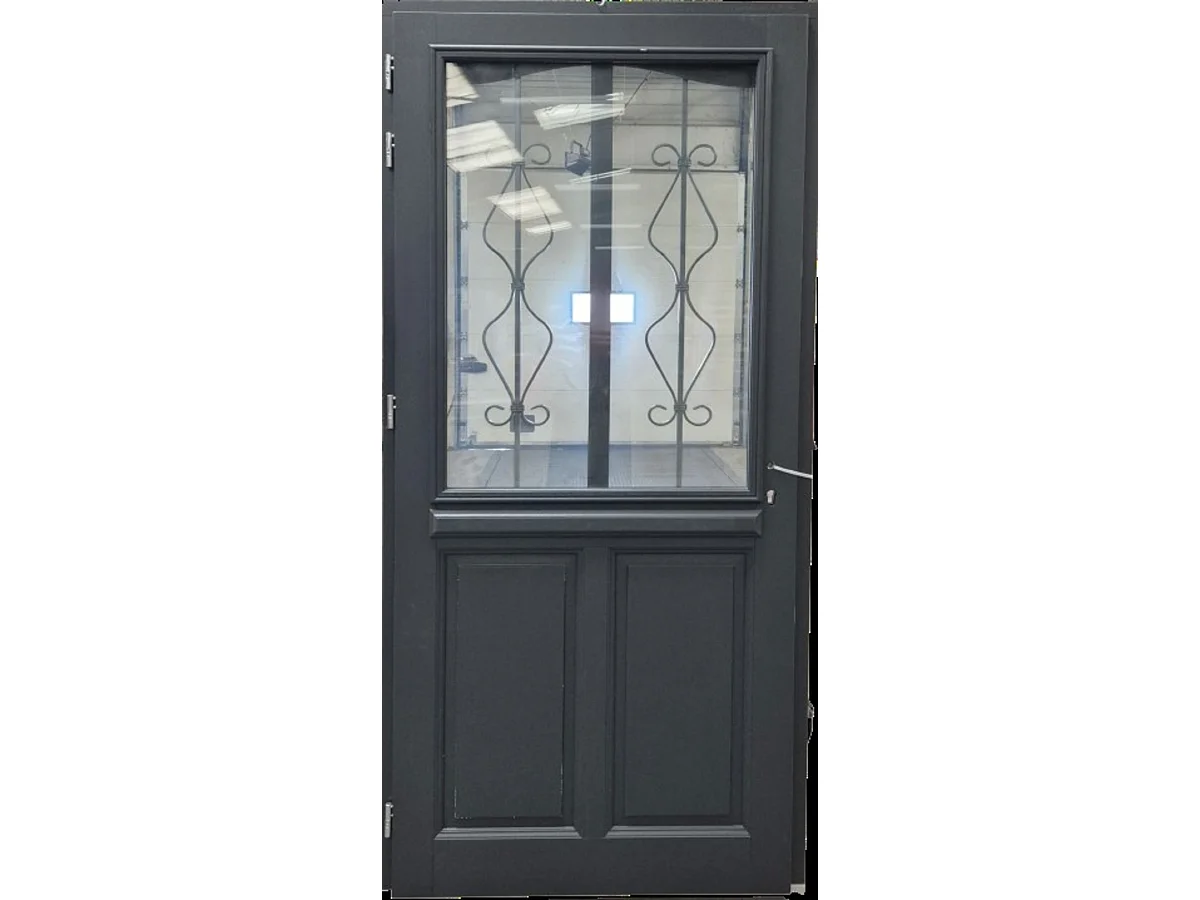 Puerta de entrada de madera con cristal Sandro gris antracita, H.215 x L.90 cm, con tablero lateral, puerta derecha, pomo, bombillo, GD MENUISERIES sin manilla