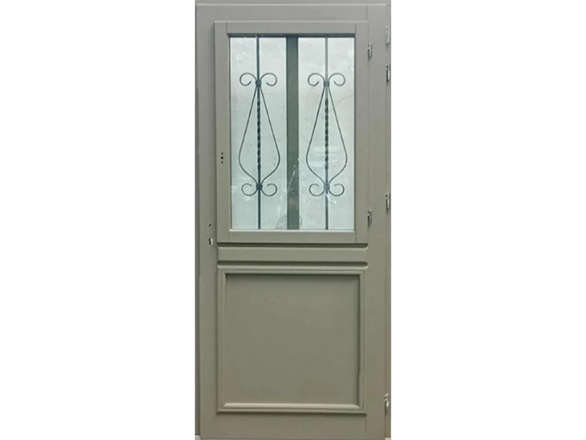 Puerta de entrada de madera con cristal Baptiste verde gris oliva, H.215 x 90 cm, lado de la tabla P, izquierda, pomo, bombín, botÃ³n, GD MENUISERIES sin manilla