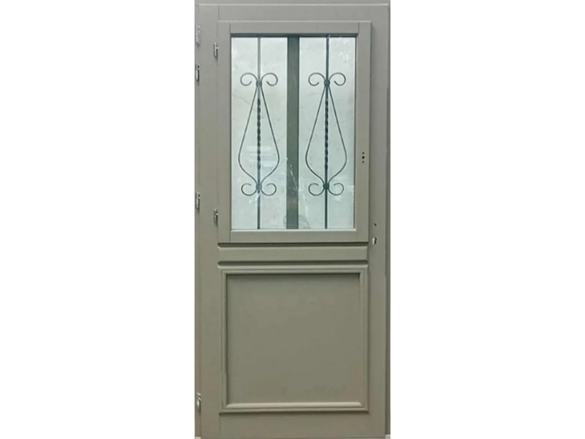 Puerta de entrada de madera con cristal Baptiste Verde Gris Oliva, H.215 x L.90 cm, con tablero lateral derecho, pomo, cilindro, botÃ³n, GD MENUISERIES sin manilla