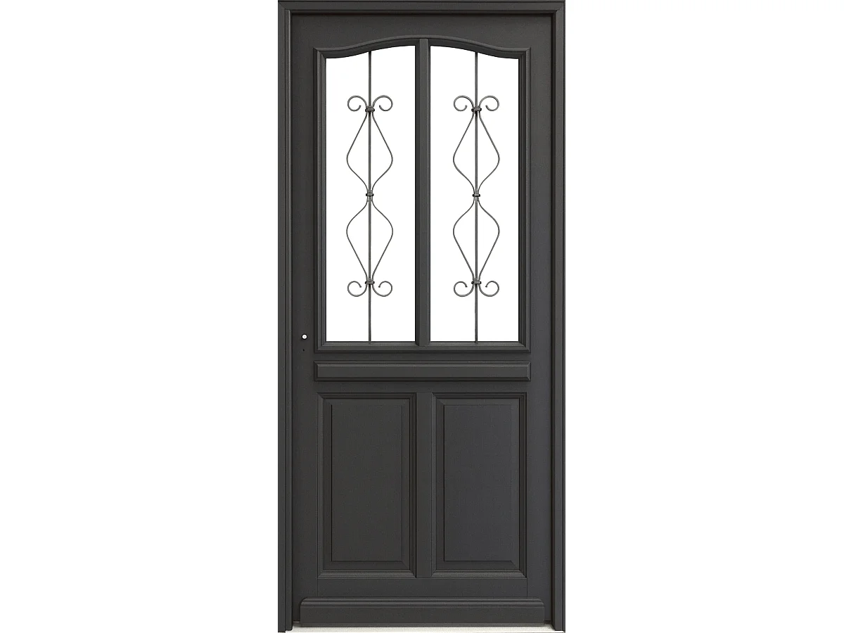 Puerta de entrada de madera con vidrio Sandro gris antracita, H.215 x L.90 cm, con tablero lateral, puerta derecha, pomo, bombín, GD MENUISERIES sin manilla