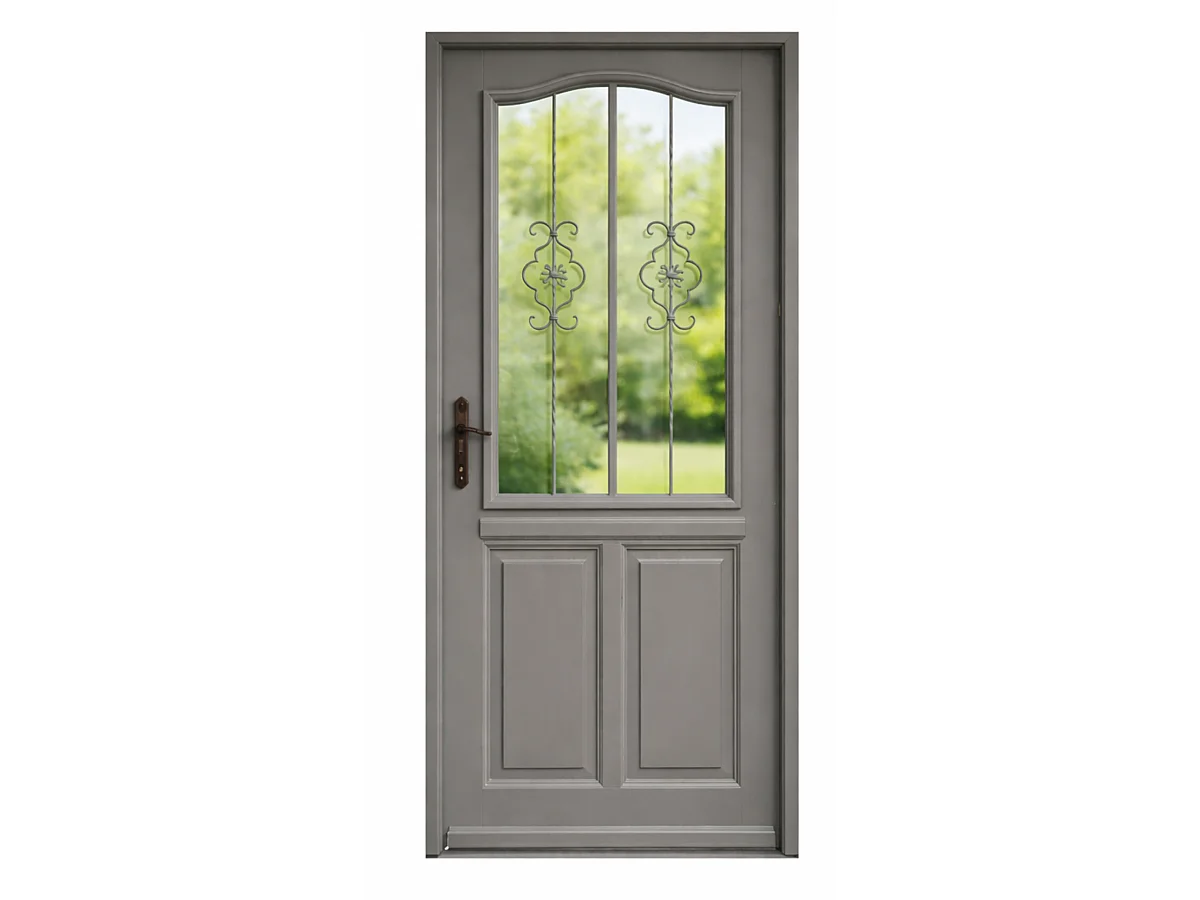 Puerta de entrada de madera con cristal Santiago Gris Cuarzo, H.215 x L.90 cm, con tablero lateral, derecha, manilla, bombillo de GD MENUISERIES sin manilla