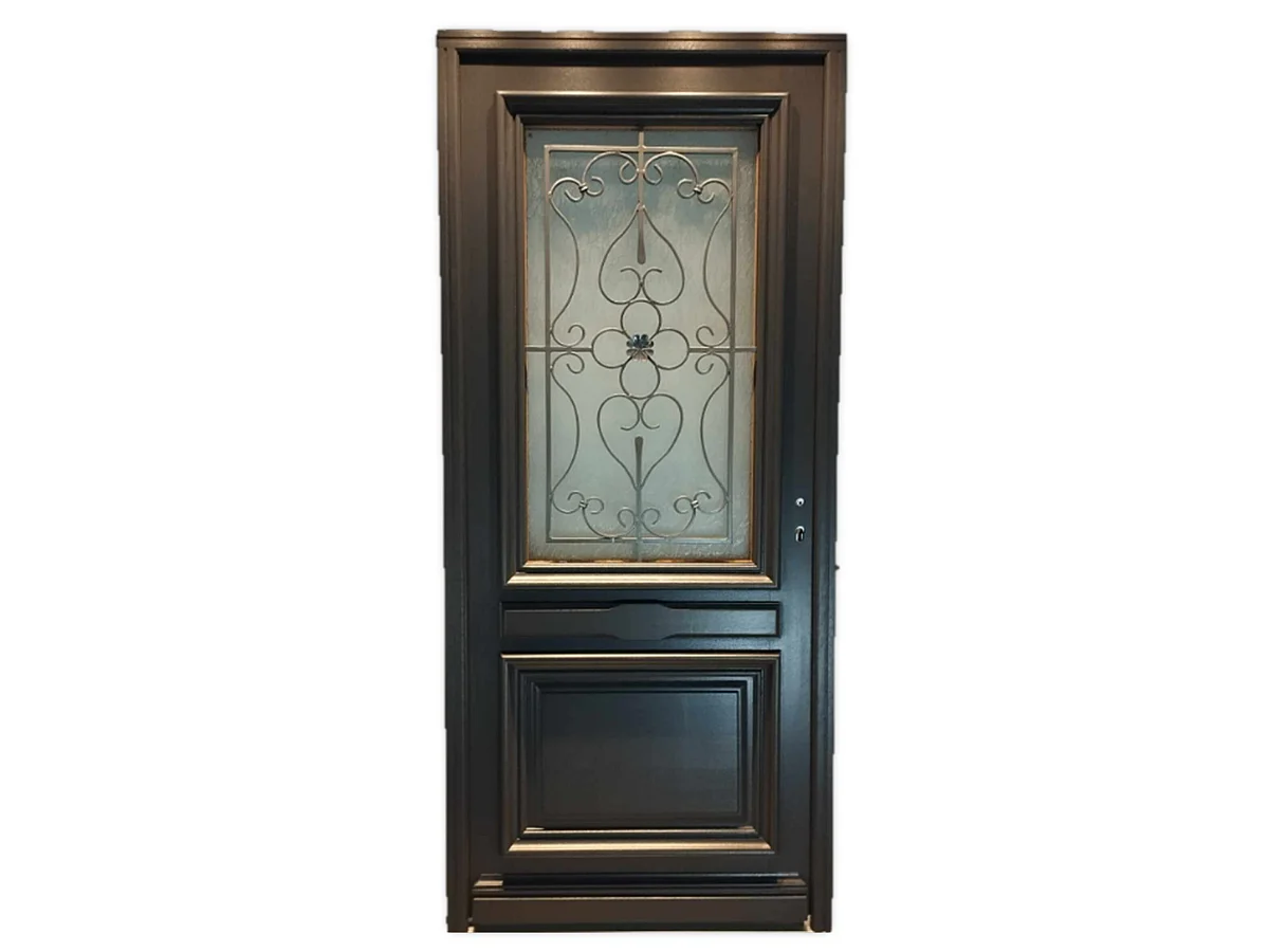 Puerta de entrada de madera con cristalera Candice Gris Antracita, H.215xL.90 cm, lado de la tabla izquierda, pomo, bombín, botÃ³n, GD MENUISERIES sin manilla