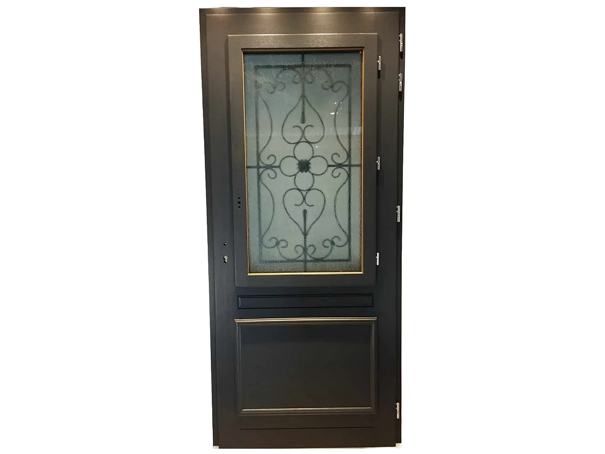 Puerta de entrada de madera con cristalera Candice Gris Antracita, H.215xL.90 cm, lado de la tabla izquierda, pomo, bombín, botÃ³n, GD MENUISERIES sin manilla