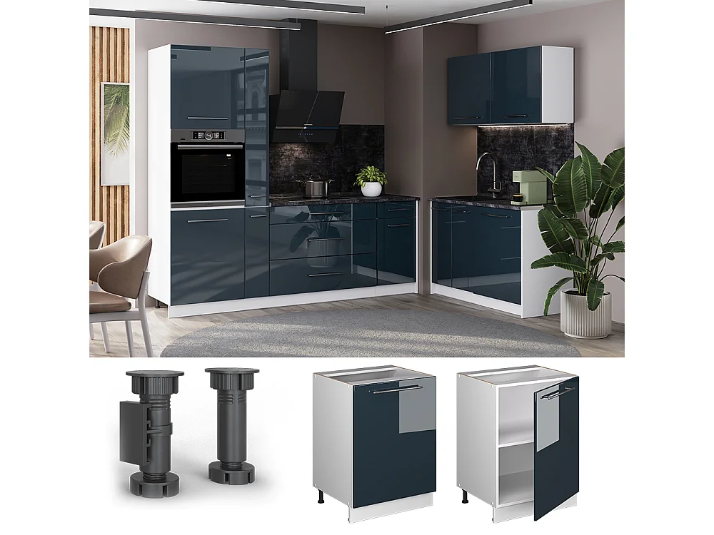 Kitchen base cabinet dark blue high gloss/white 60x60x82 fame-line