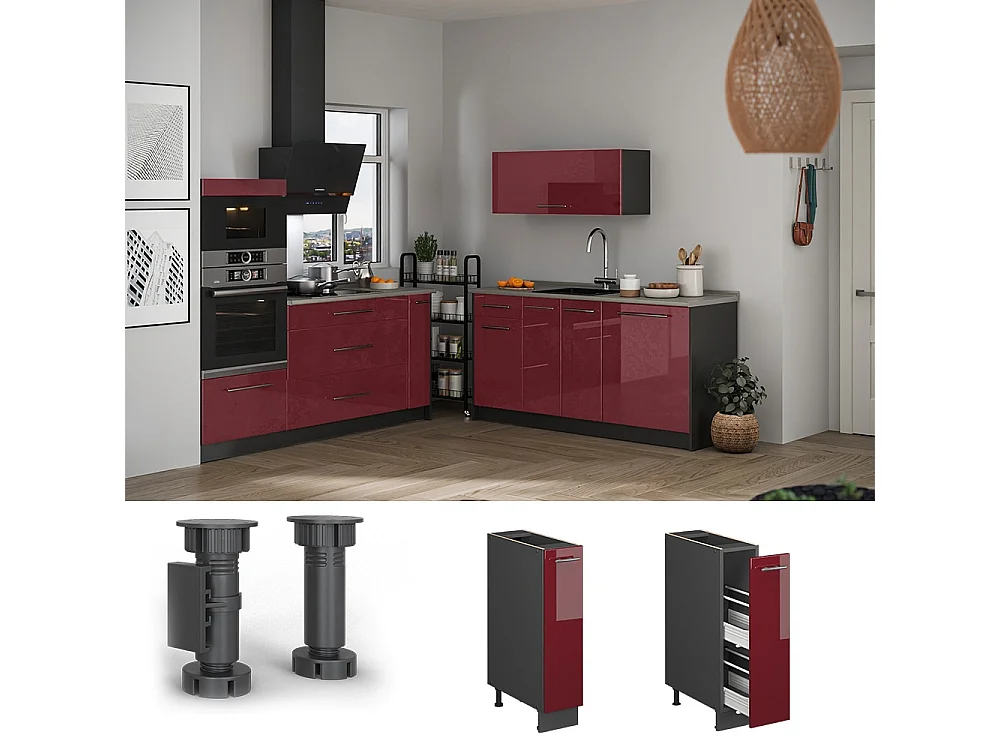 Meuble de cuisine rouge bordeaux haute brillance/anthracite 20x60x82 fame-line