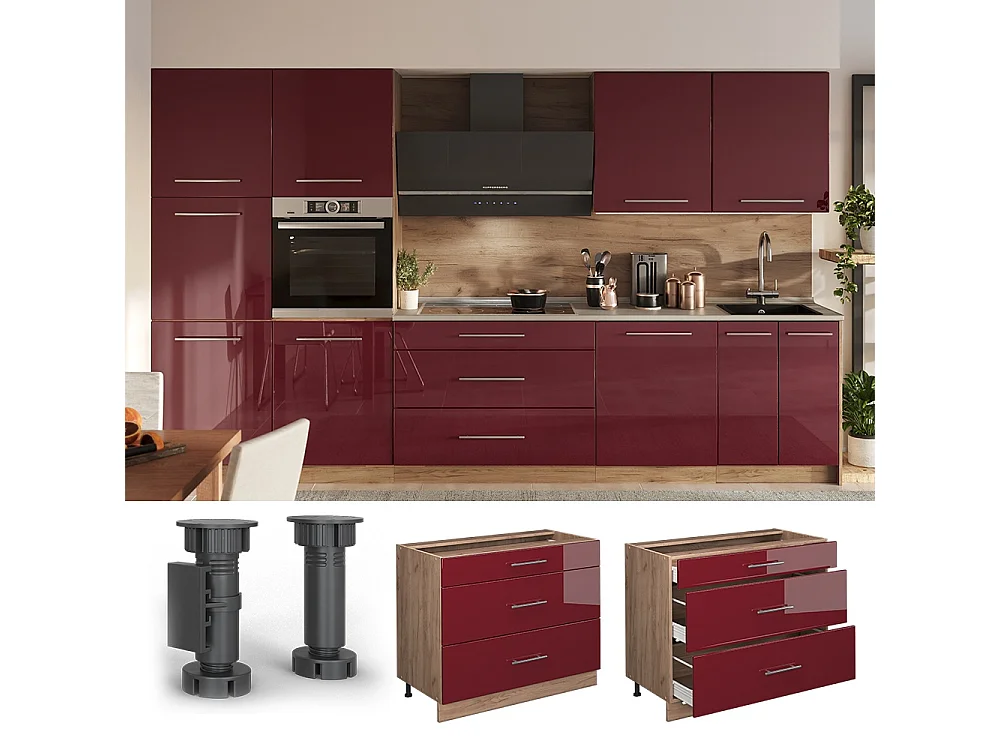 Meuble cuisine rouge bordeaux haute brillance/chêne de force doré 100x60x82 fame-line