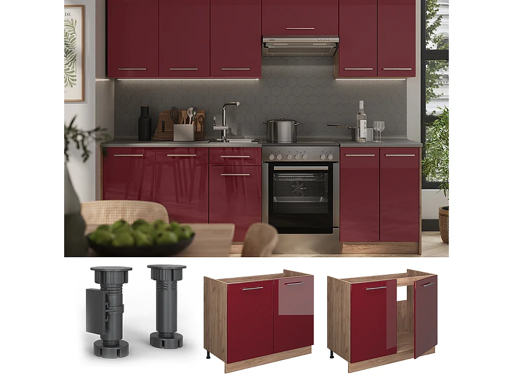Meuble bas sous-évier rouge bordeaux haute brillance/chêne de force doré 100x60x82 fame-line