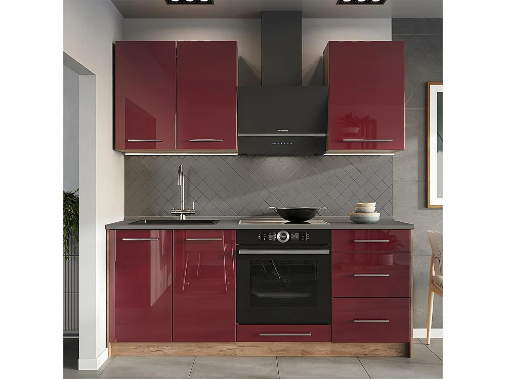 Meuble bas sous-évier rouge bordeaux haute brillance/chêne de force doré 100x60x82 fame-line