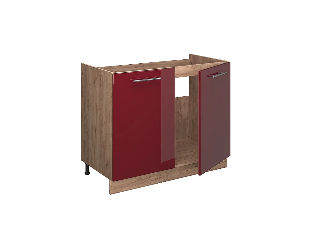 Meuble bas sous-évier rouge bordeaux haute brillance/chêne de force doré 100x60x82 fame-line