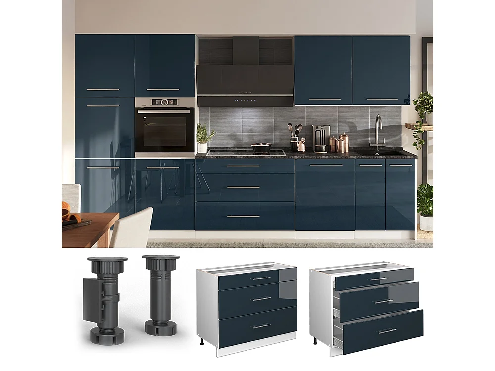 Kitchen base cabinet dark blue high gloss/white 100x60x82 fame-line