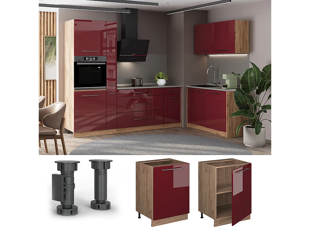 Meuble bas de cuisine rouge bordeaux haute brillance/chêne de force doré 60x60x82 fame-line