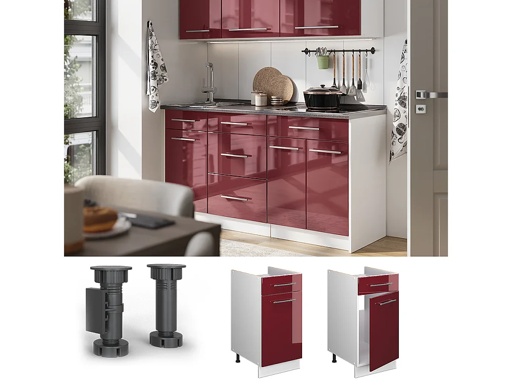 Meuble bas pour évier/plaque rouge bordeaux haute brillance/blanc 40x51.6x82 fame-line