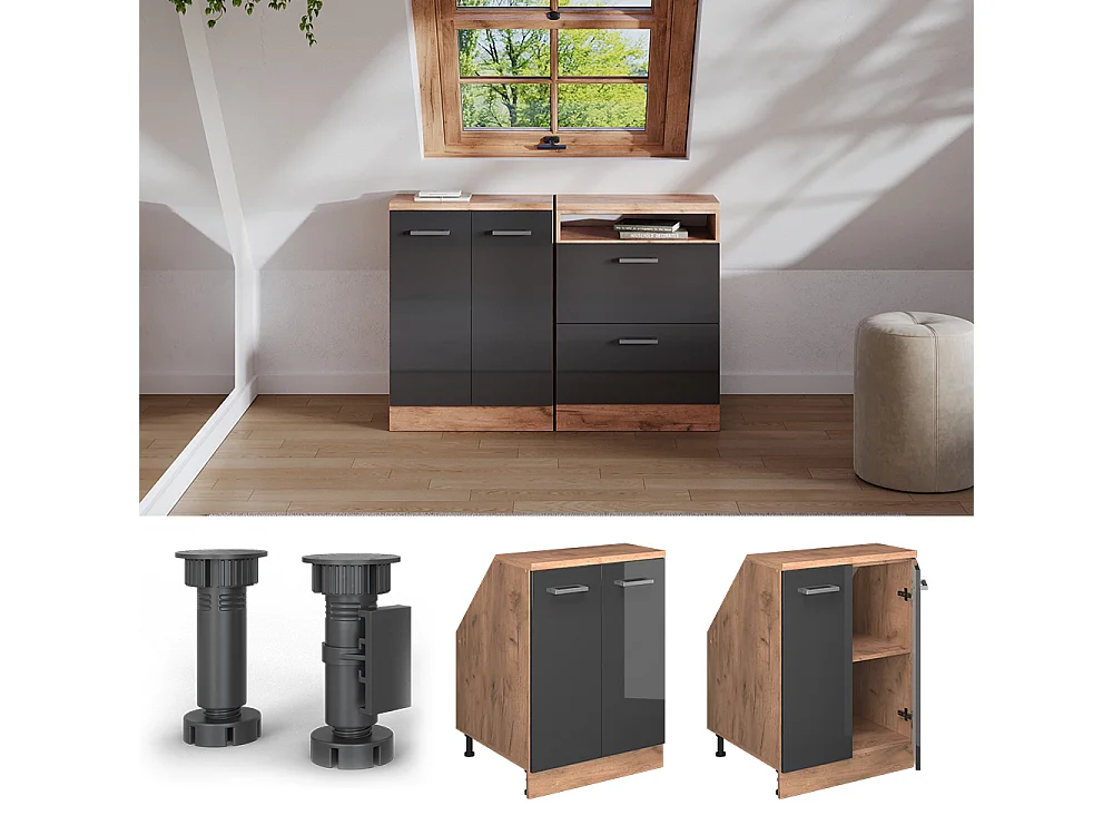 Meuble de rangement sous pente anthracite haute brillance 60x60x81.6 rion